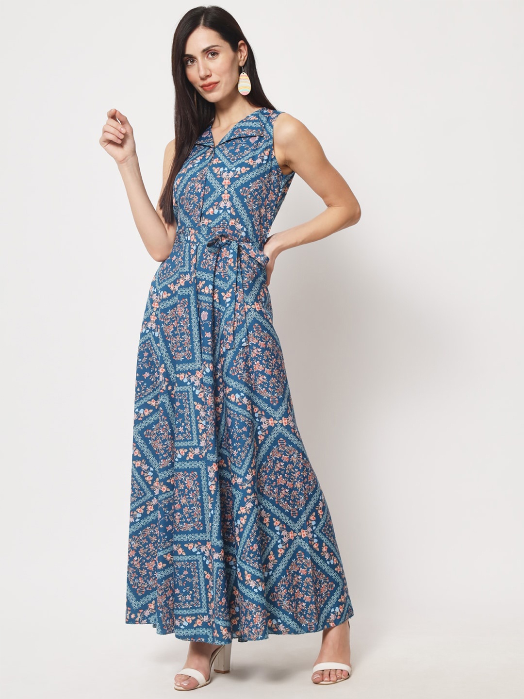 

Rudraaksha Creations Ethnic Motifs Printed Fit & Flare Maxi Dress, Blue