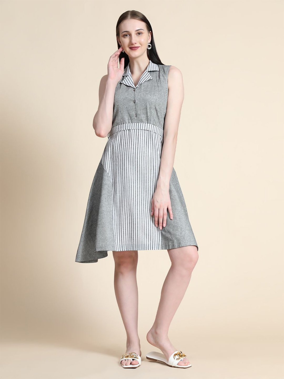 

Rudraaksha Creations Striped Sleeveless Cotton A-Line Dress, Grey