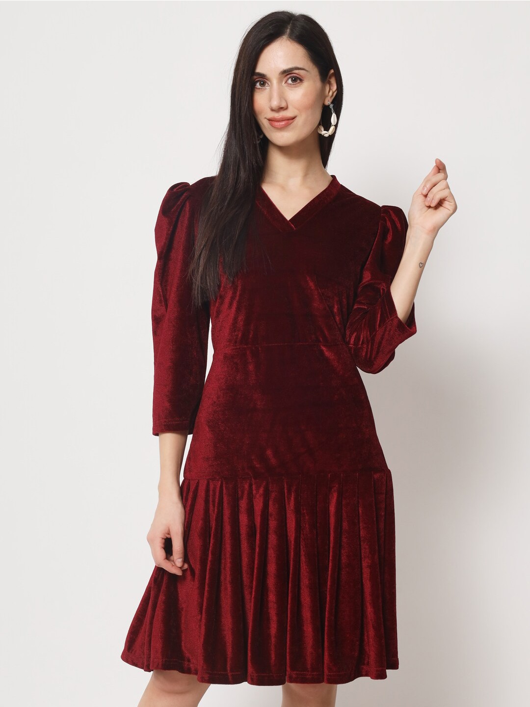 

Rudraaksha Creations V Neck Velvet Drop-Waist Dress, Maroon