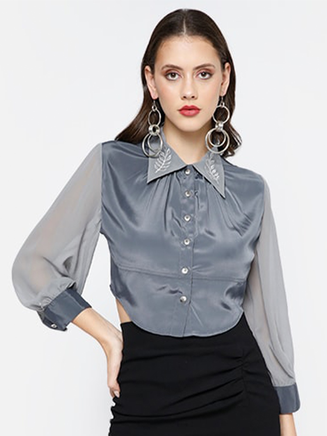 

SAMMYUKK Premium Spread Collar Embroidered Cuffed Sleeves Party Shirt, Grey