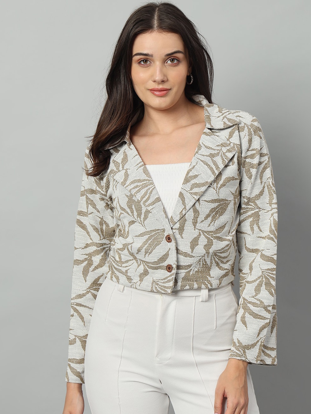 

Chemistry Printed Crop Single-Breasted Blazers, Beige