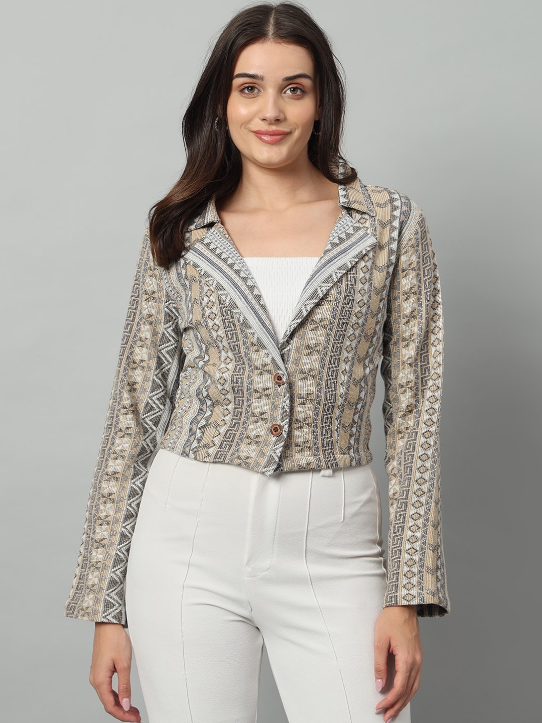 

Chemistry Printed Crop Single Breasted Blazers, Grey