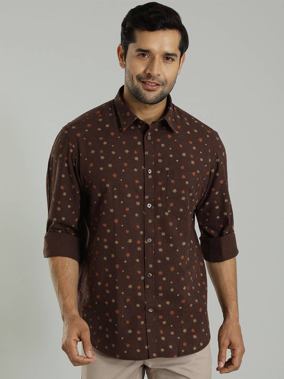 

Indian Terrain Slim Fit Printed Spread Collar Long Sleeves Cotton Casual Shirt, Brown