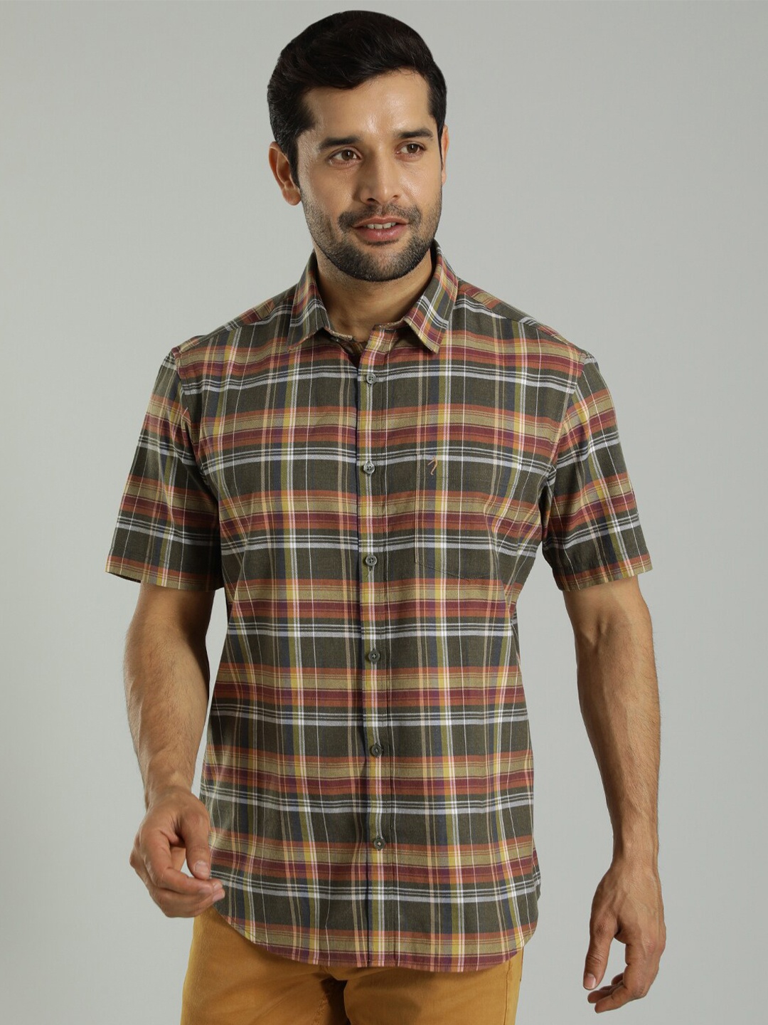 

Indian Terrain Slim Fit Tartan Checked Spread Collar Short Sleeves Cotton Casual Shirt, Yellow