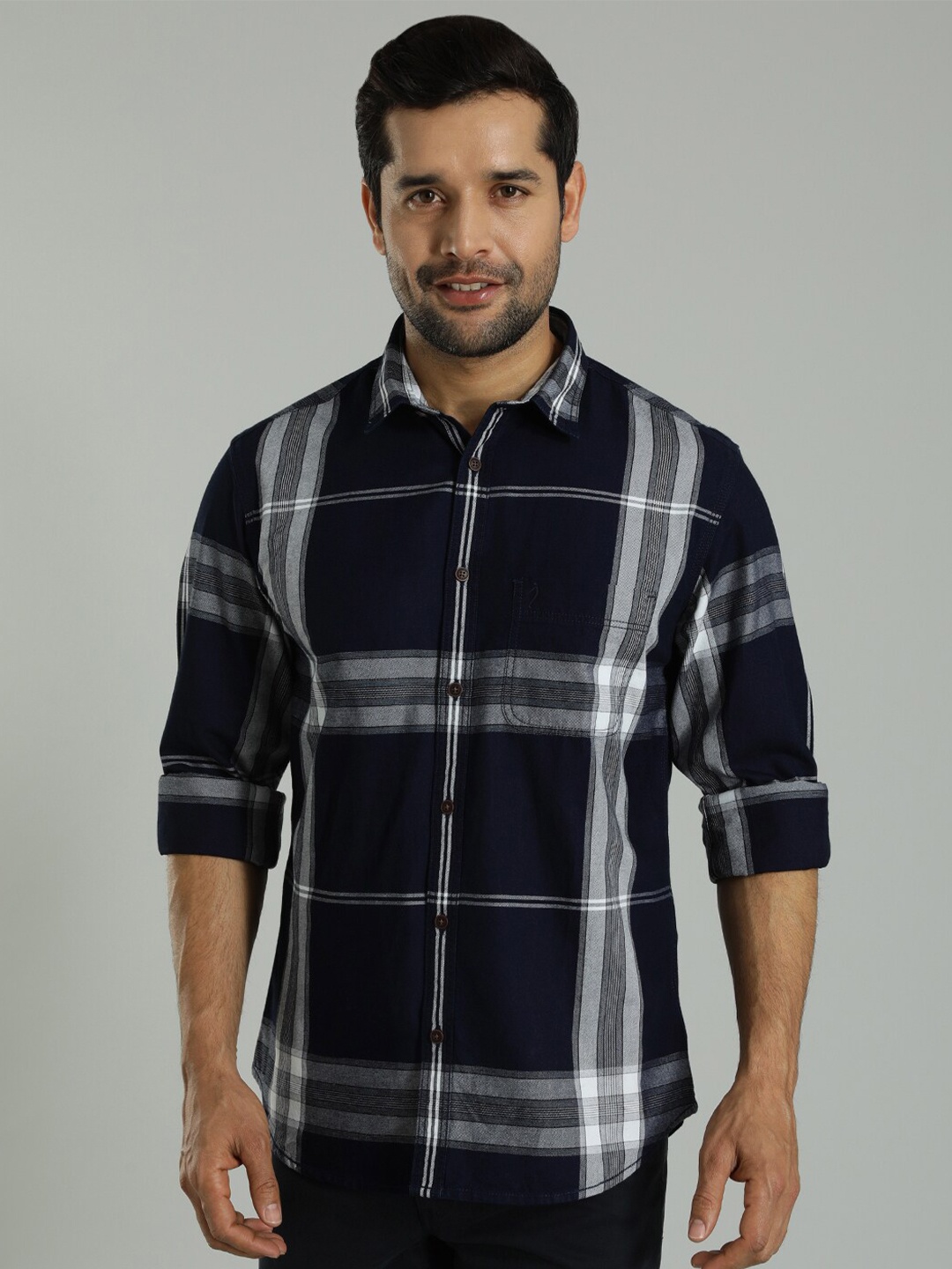 

Indian Terrain Chiseled Skinny Fit Tartan Checked Spread Collar Long Sleeves Cotton Shirt, Blue