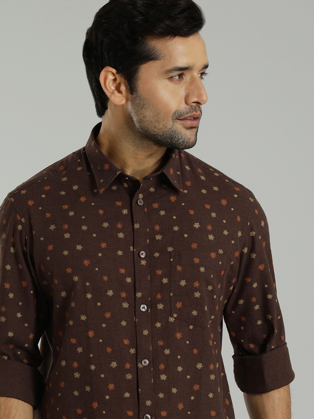 

Indian Terrain India Slim Fit Floral Printed Spread Collar Cotton Shirt, Brown