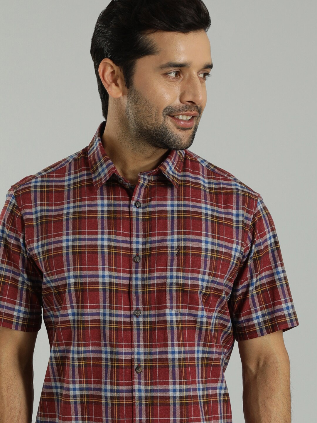 

Indian Terrain India Slim Fit Tartan Checked Spread Collar Cotton Shirt, Red