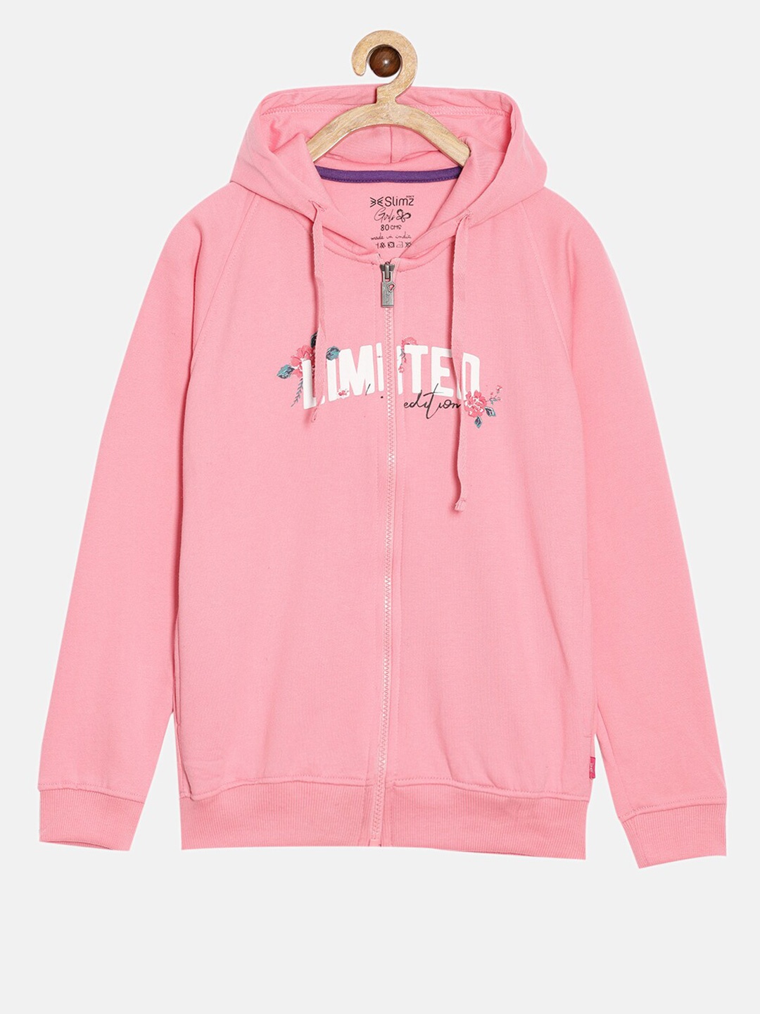 

DIXCY SCOTT Slimz Girls Typography Printed Hood Straight Front-Open Hooded Sweatshirt, Pink