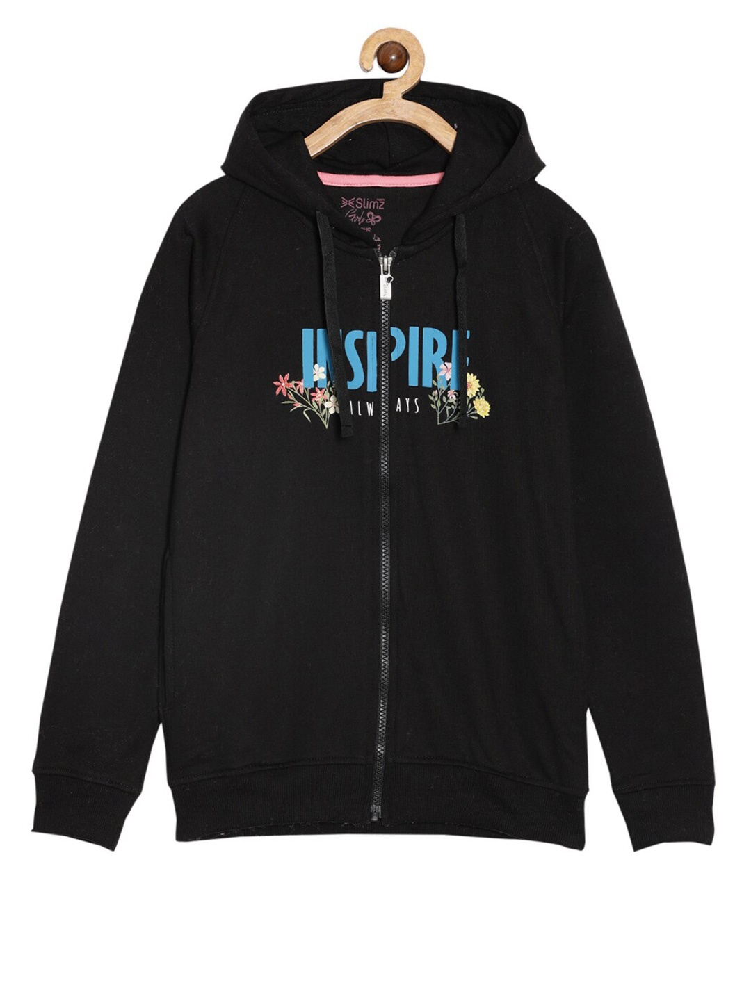 

DIXCY SCOTT Slimz Girls Typography Printed Hood Straight Front-Open Hooded Sweatshirt, Black