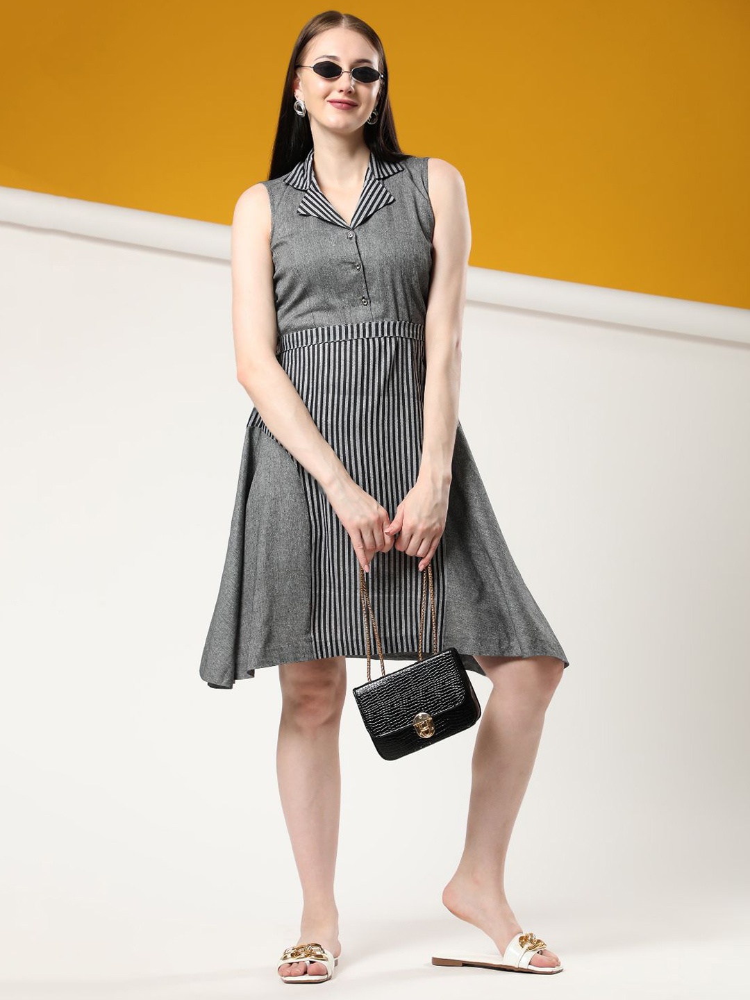 

Rudraaksha Creations Striped Cotton A-Line Dress, Black