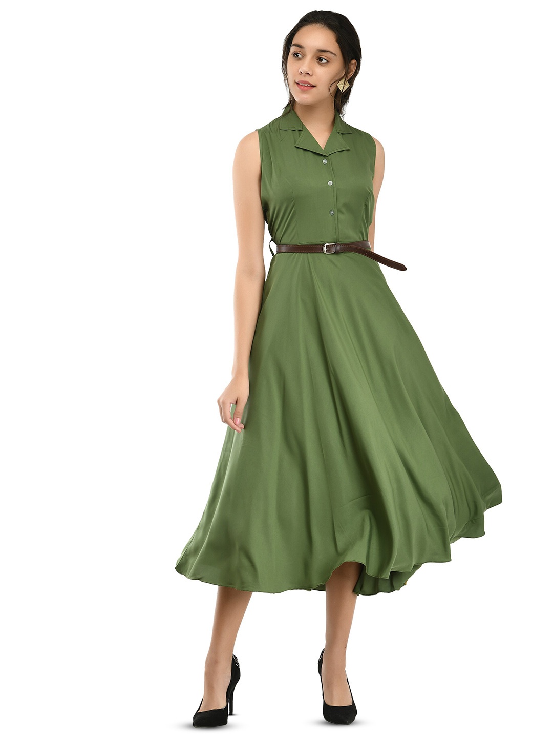 

Rudraaksha Creations Shirt Collar Crepe Midi Fit & Flare Dress With Belt, Green