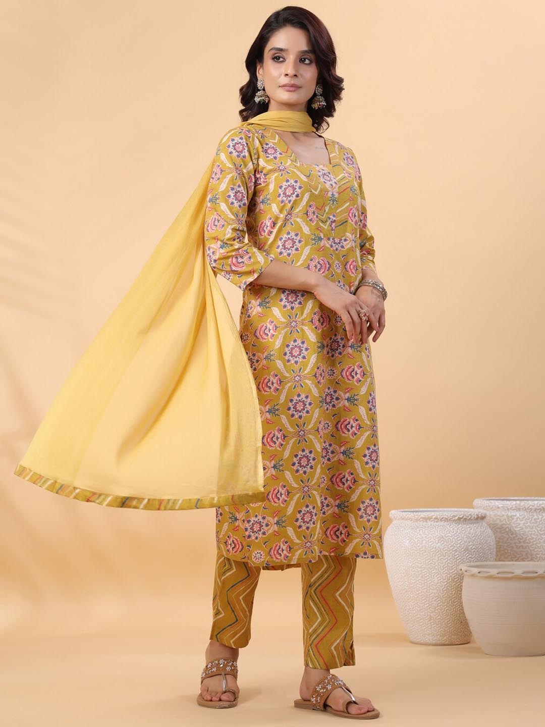 

Janasya Floral Printed Regular Pure Cotton Straight Kurta With Trousers & Dupatta, Mustard