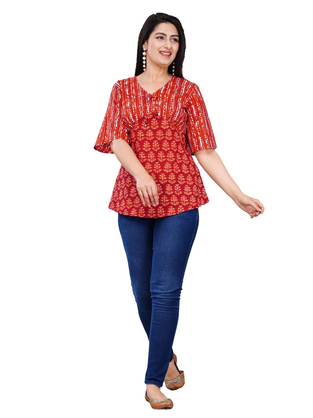 

BAESD Floral Printed Flared Sleeve V-Neck Cotton Top, Red