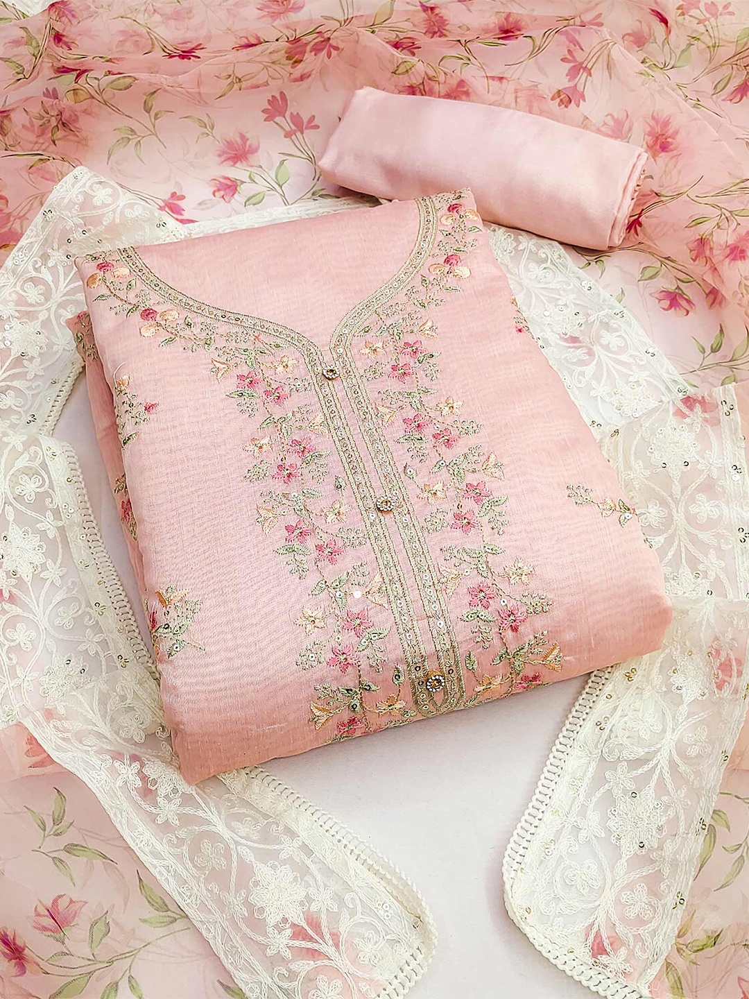 

Peachmode Floral Embroidered Sequinned Unstitched Dress Material, Peach