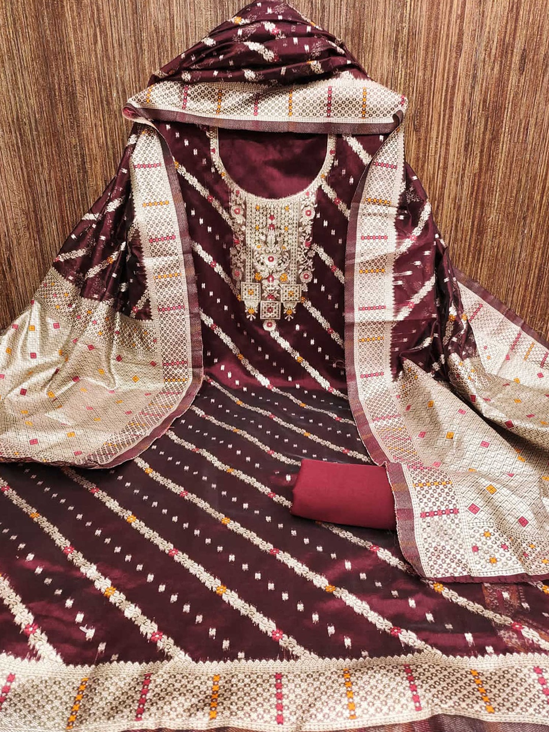 

Peachmode Embroidered Unstitched Dress Material, Maroon