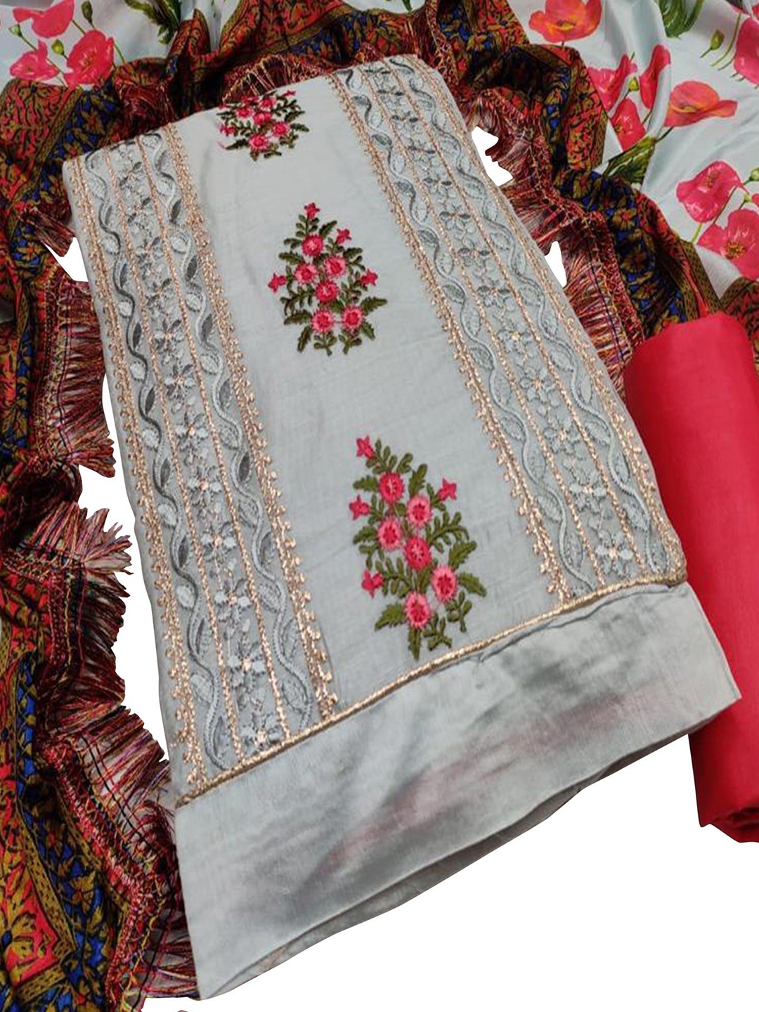 

Peachmode Embroidered Pure Cotton Unstitched Dress Material, Grey