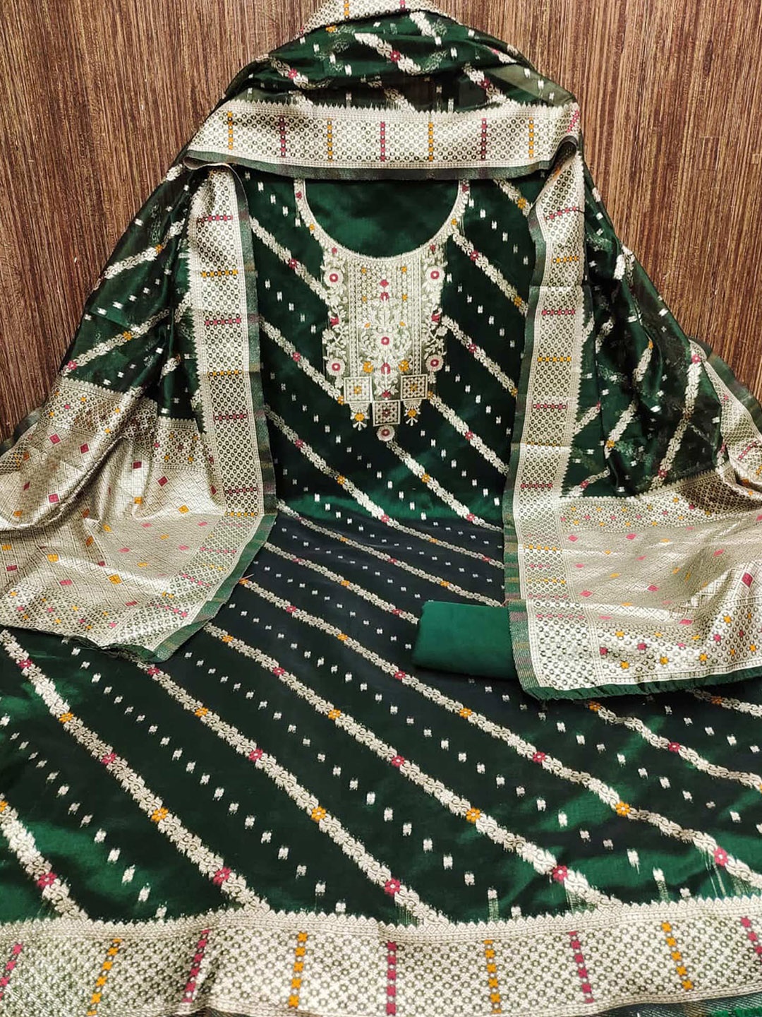 

Peachmode Floral Woven Design Unstitched Dress Material, Green