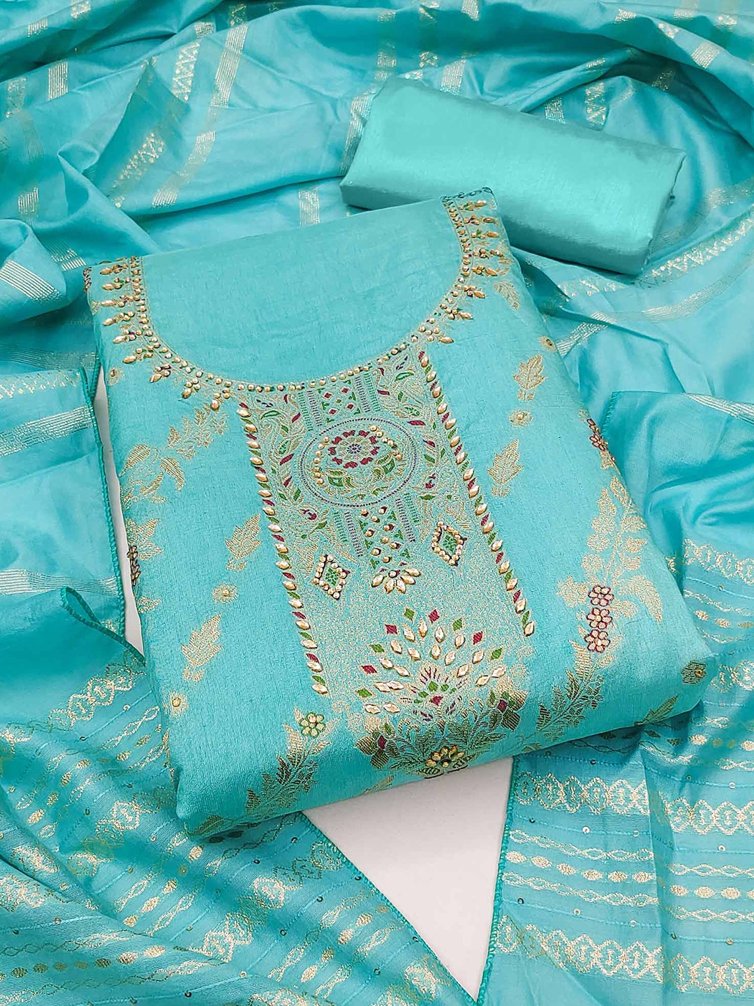 

Peachmode Floral Woven Design Unstitched Dress Material, Turquoise blue