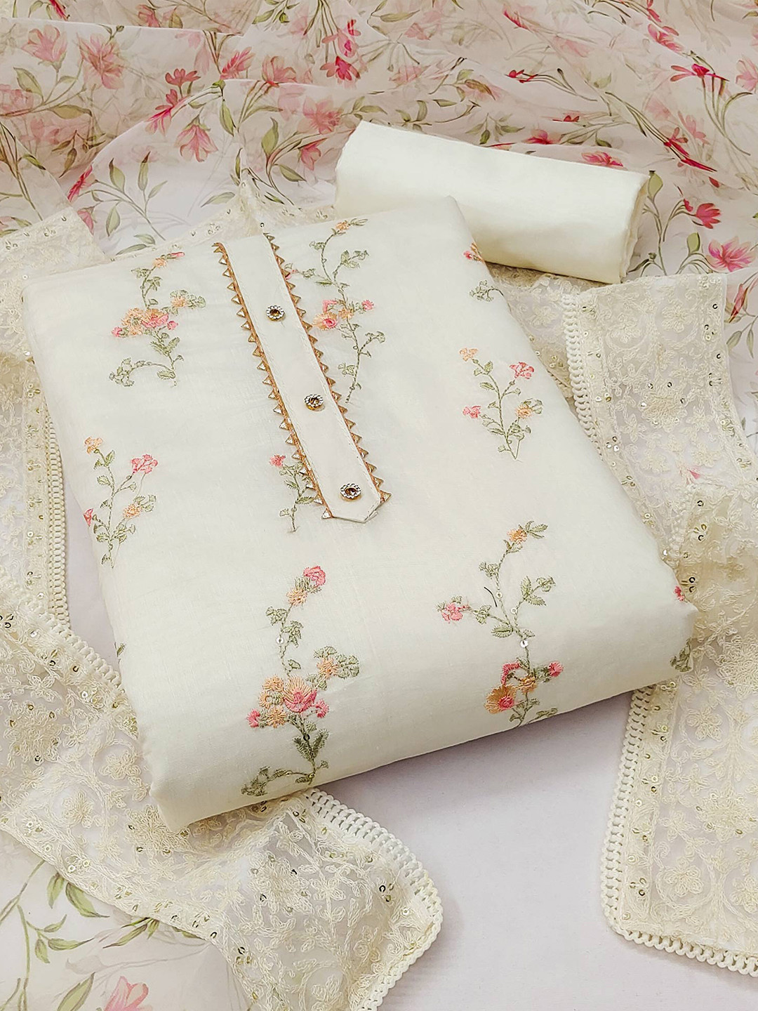 

Peachmode Floral Embroidered Sequinned Unstitched Dress Material, Off white