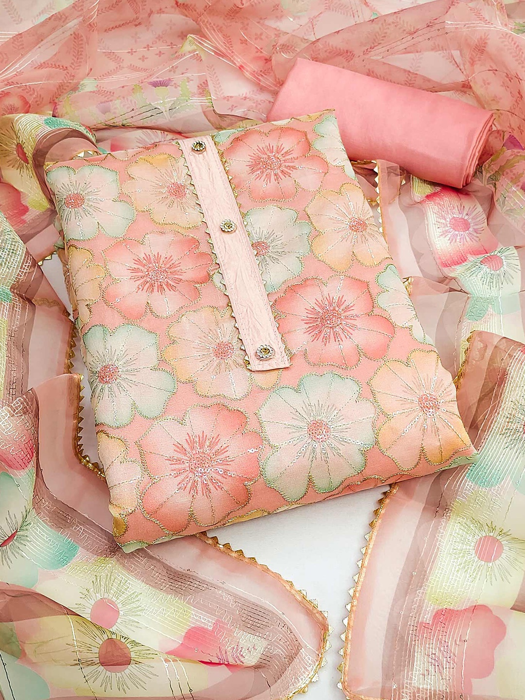 

Peachmode Floral Printed Gotta Patti Organza Unstitched Dress Material, Peach