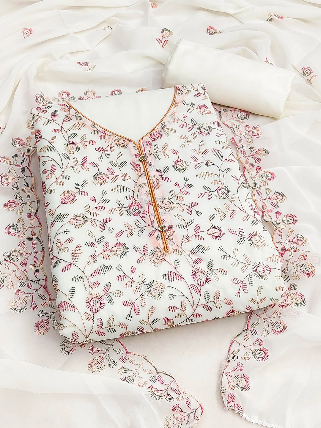 

Peachmode Floral Embroidered Silk Georgette Unstitched Dress Material, Off white