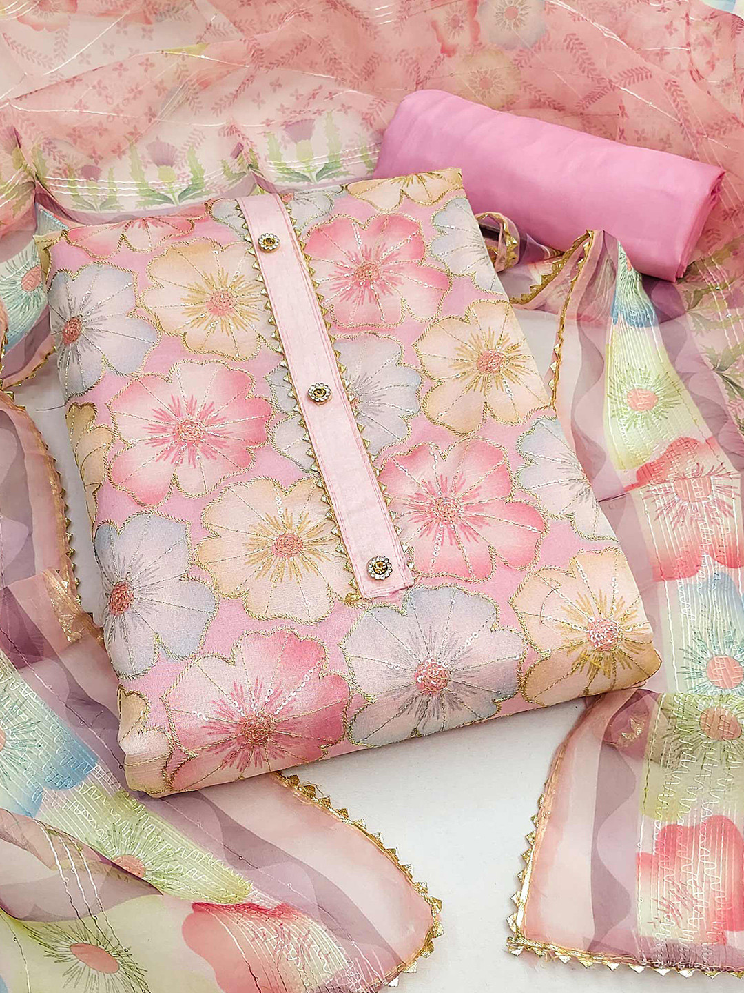 

Peachmode Floral Printed Gotta Patti Organza Unstitched Dress Material, Pink