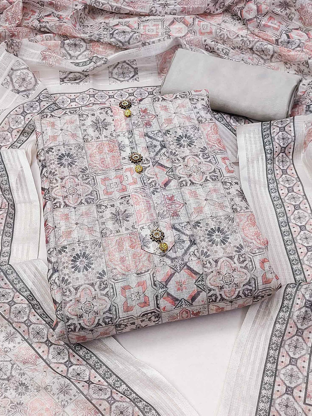 

Peachmode Floral Printed Linen Unstitched Dress Material, Grey