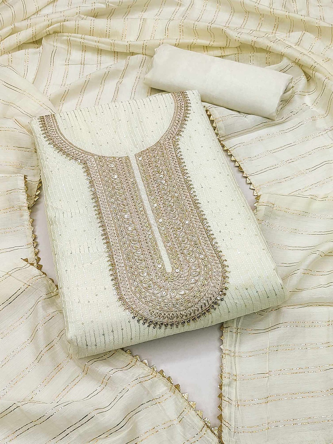 

Peachmode Embroidered Unstitched Dress Material, Off white