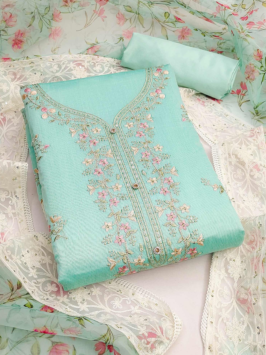 

Peachmode Embroidered Unstitched Dress Material, Turquoise blue