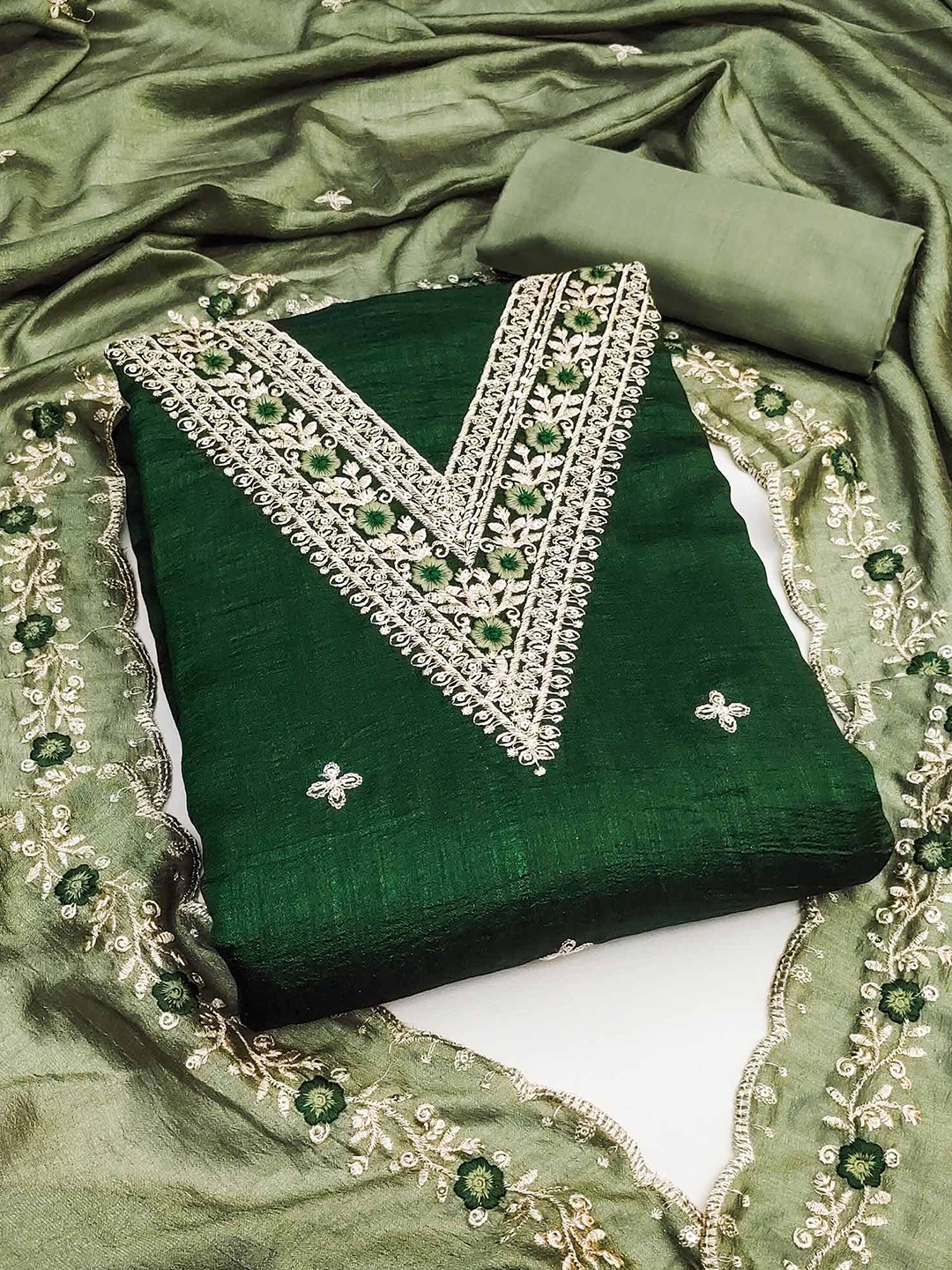 

Peachmode Embroidered Unstitched Dress Material, Green