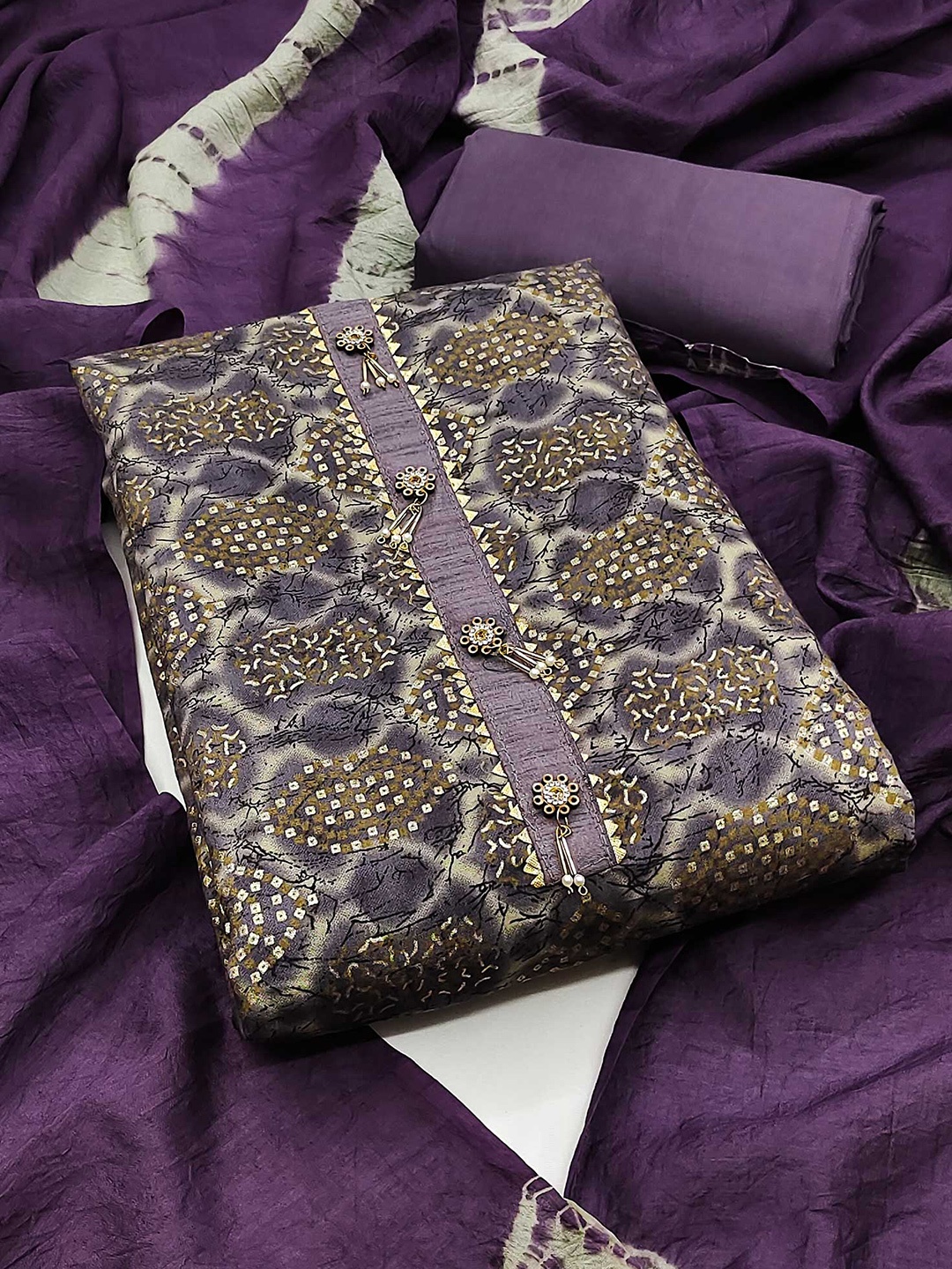 

Peachmode Bandhani Printed Unstitched Dress Material, Purple