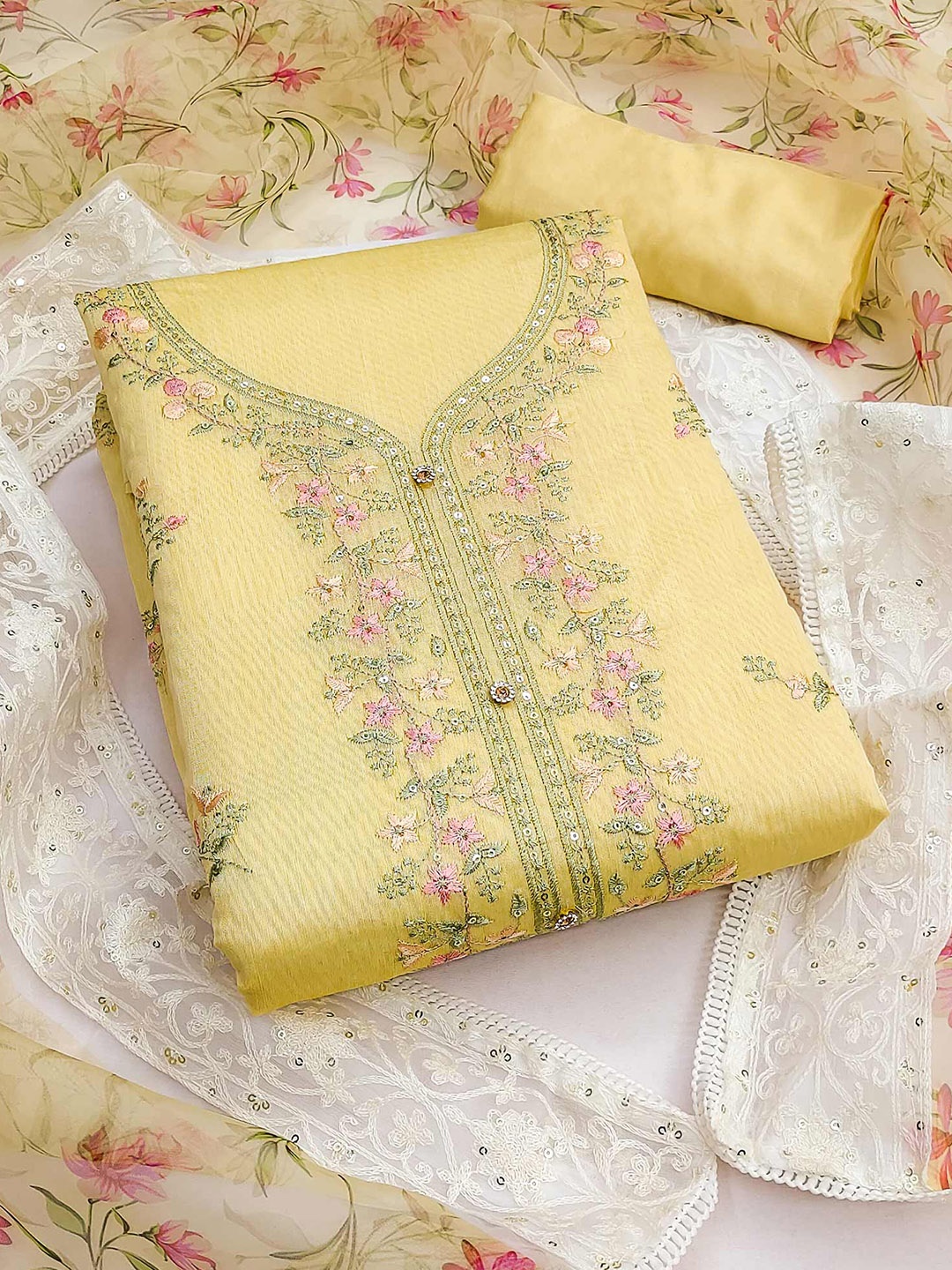 

Peachmode Floral Embroidered Sequinned Unstitched Dress Material, Yellow