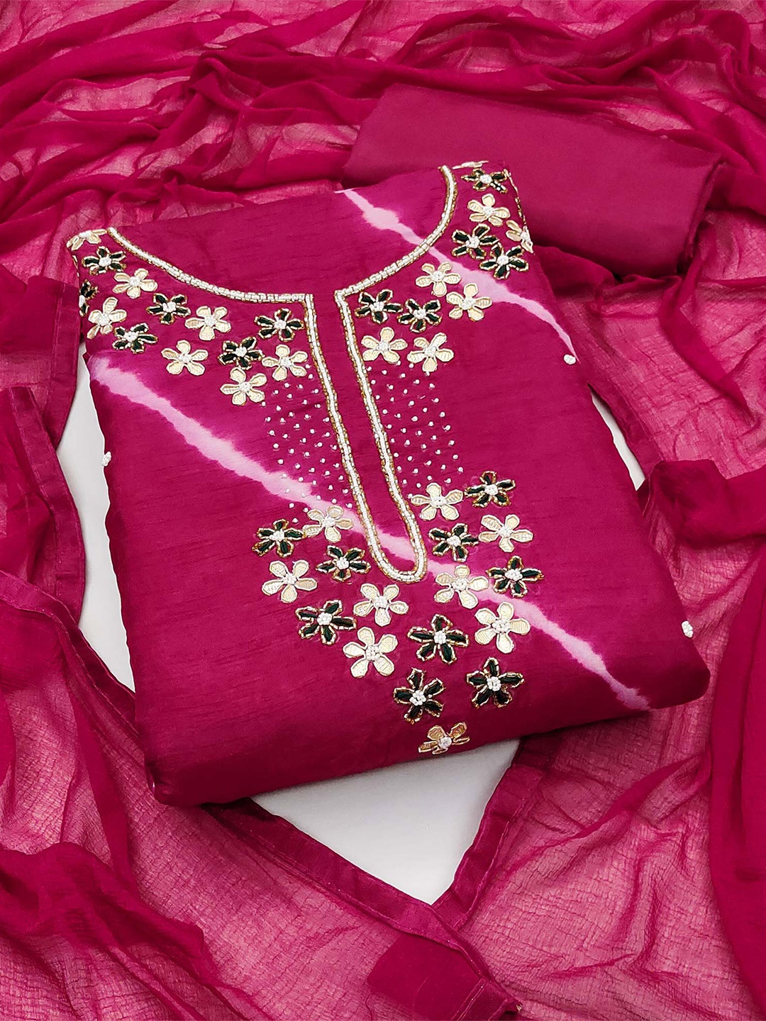 

Peachmode Floral Embroidered Beads and Stones Unstitched Dress Material, Pink