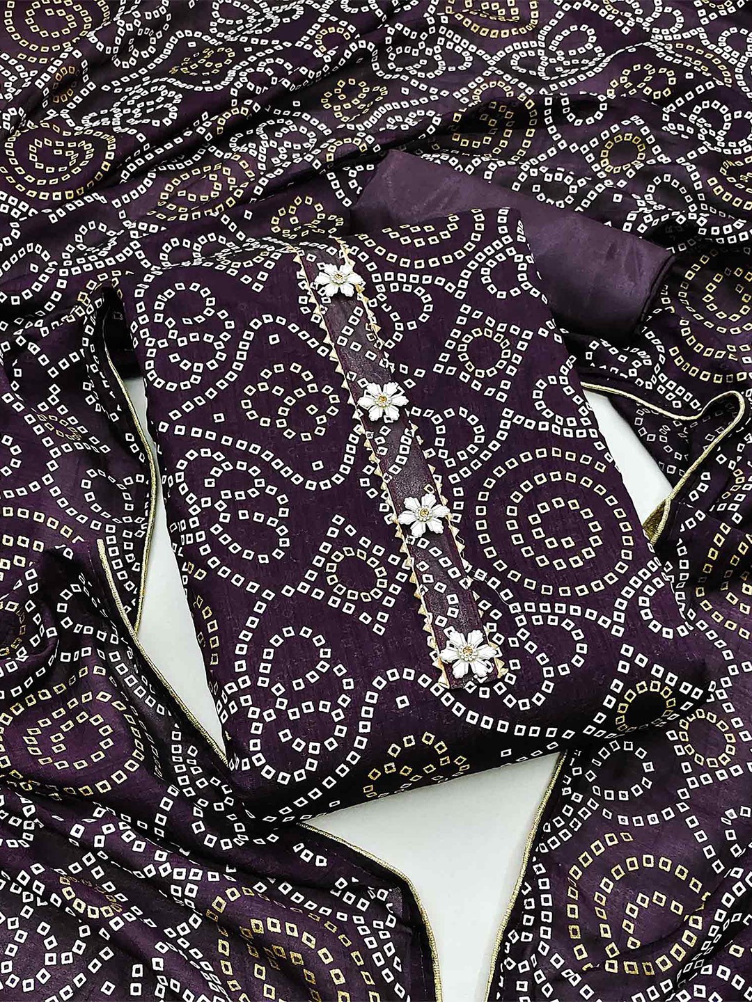 

Peachmode Bandhani Printed Gotta Patti Unstitched Dress Material, Purple