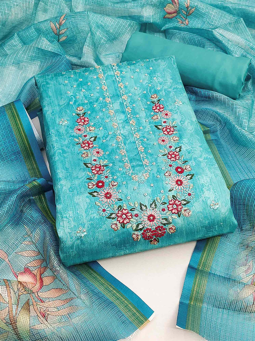 

Peachmode Embroidered Unstitched Dress Material, Blue