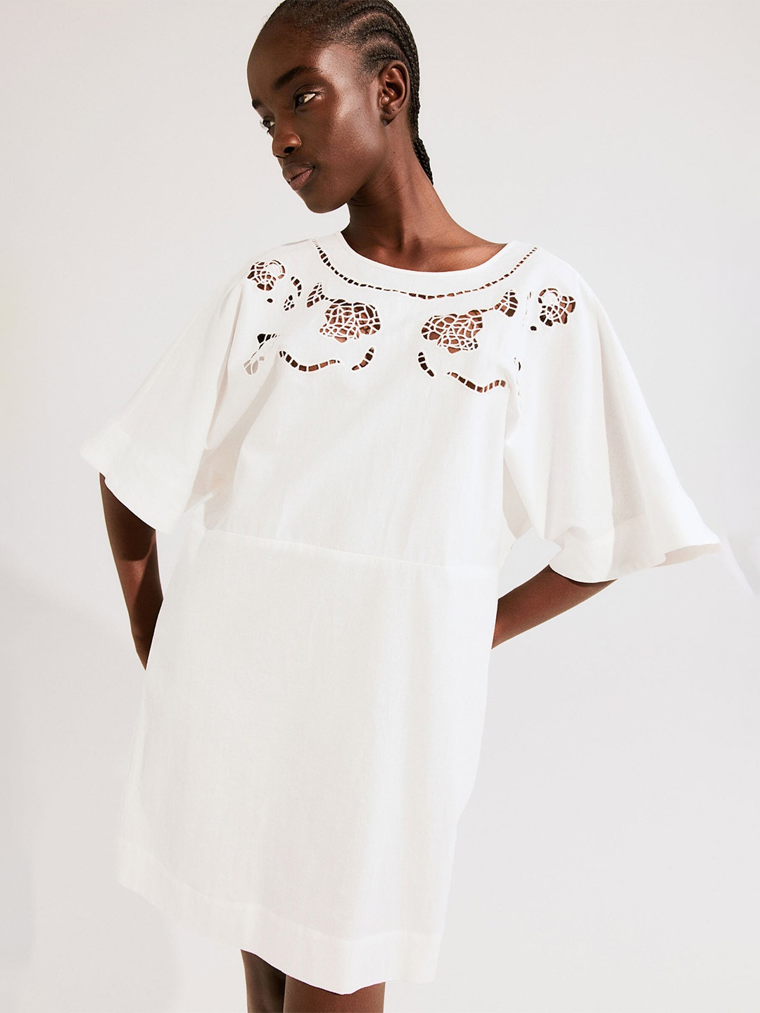 

H&M Linen-Blend Broderie Anglaise Dress, White