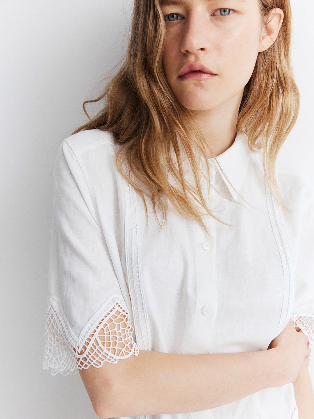 

H&M Lace-Detail Linen-Blend Shirts, White