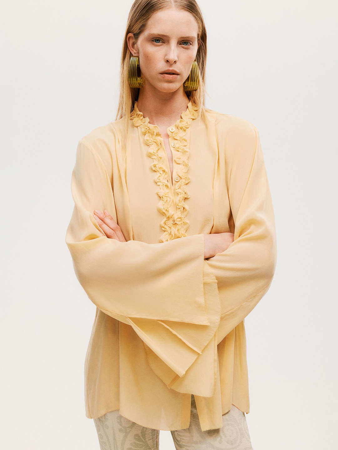 

H&M Silk-Blend Embellished Blouse, Yellow
