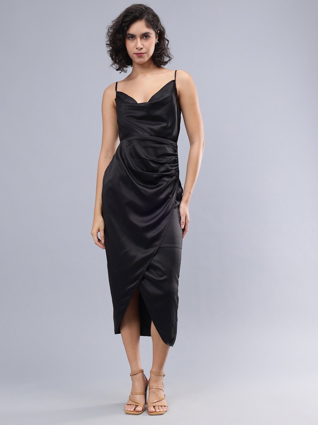 

ANVI Be Yourself Cowl Neck Shoulder Straps Satin Sheath Midi Dress, Black