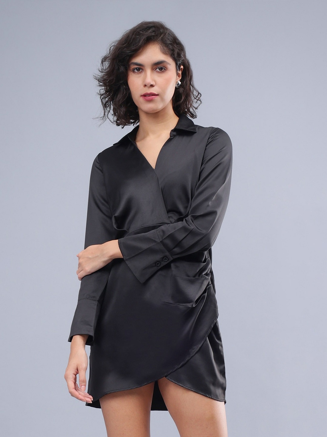 

ANVI Be Yourself Shirt Collared Long Cuffed Sleeves Satin Mini Shirt Dress, Black