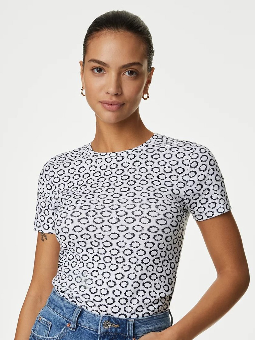 

Marks & Spencer Abstract Printed Round Neck Pure Cotton T-shirt, Off white