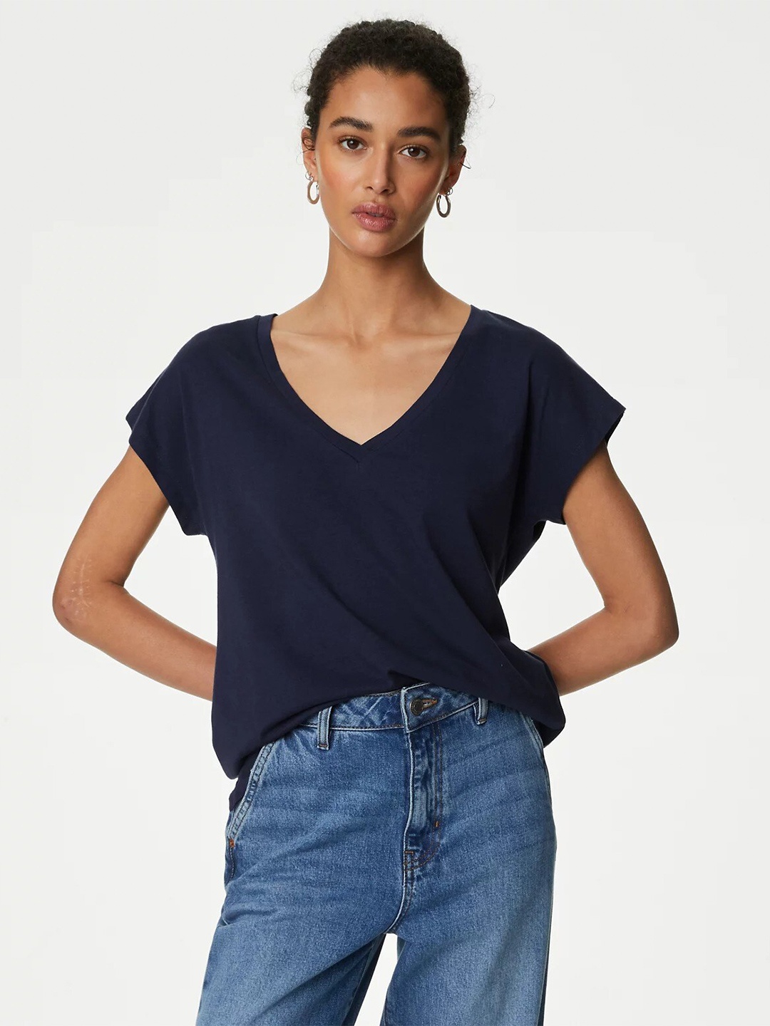 

Marks & Spencer V-Neck Extended Sleeves Relaxed Fit T-shirt, Navy blue