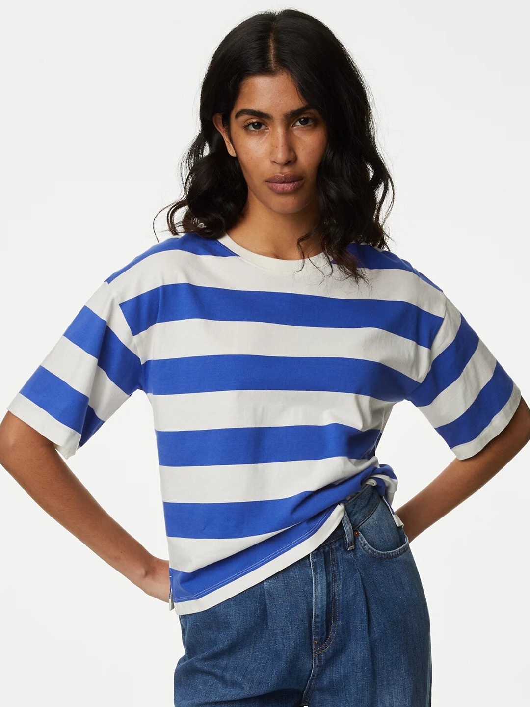 

Marks & Spencer Striped Drop-Shoulder Sleeves Pure Cotton Boxy T-Shirt, Blue