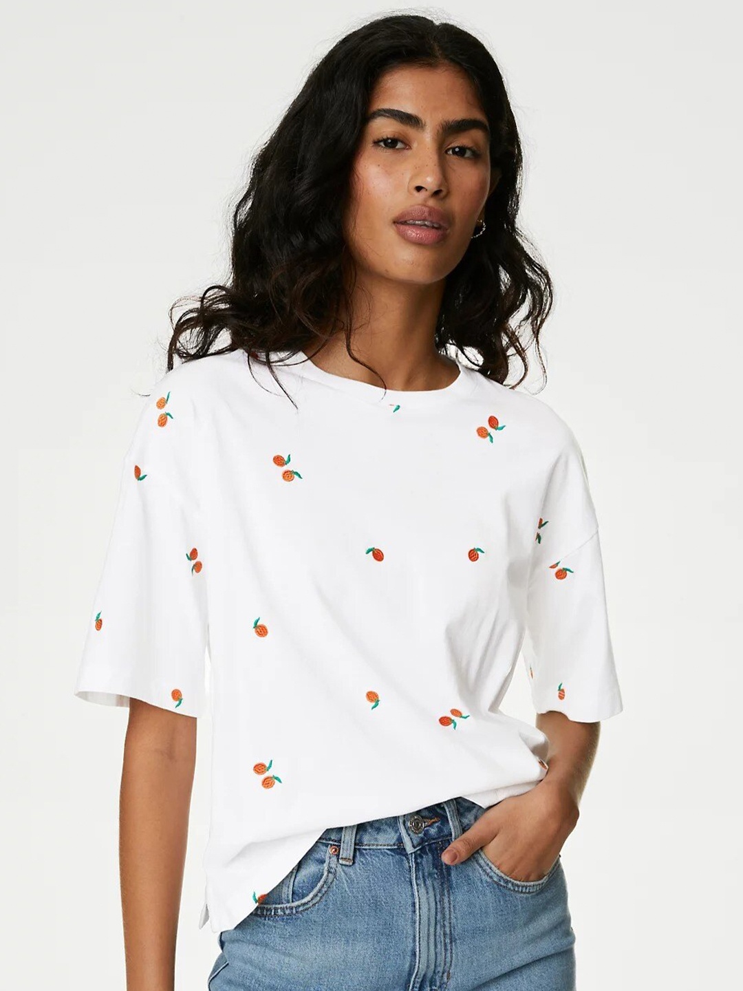 

Marks & Spencer Conversational Embroidered Drop-Shoulder Sleeves Pure Cotton T-shirt, White