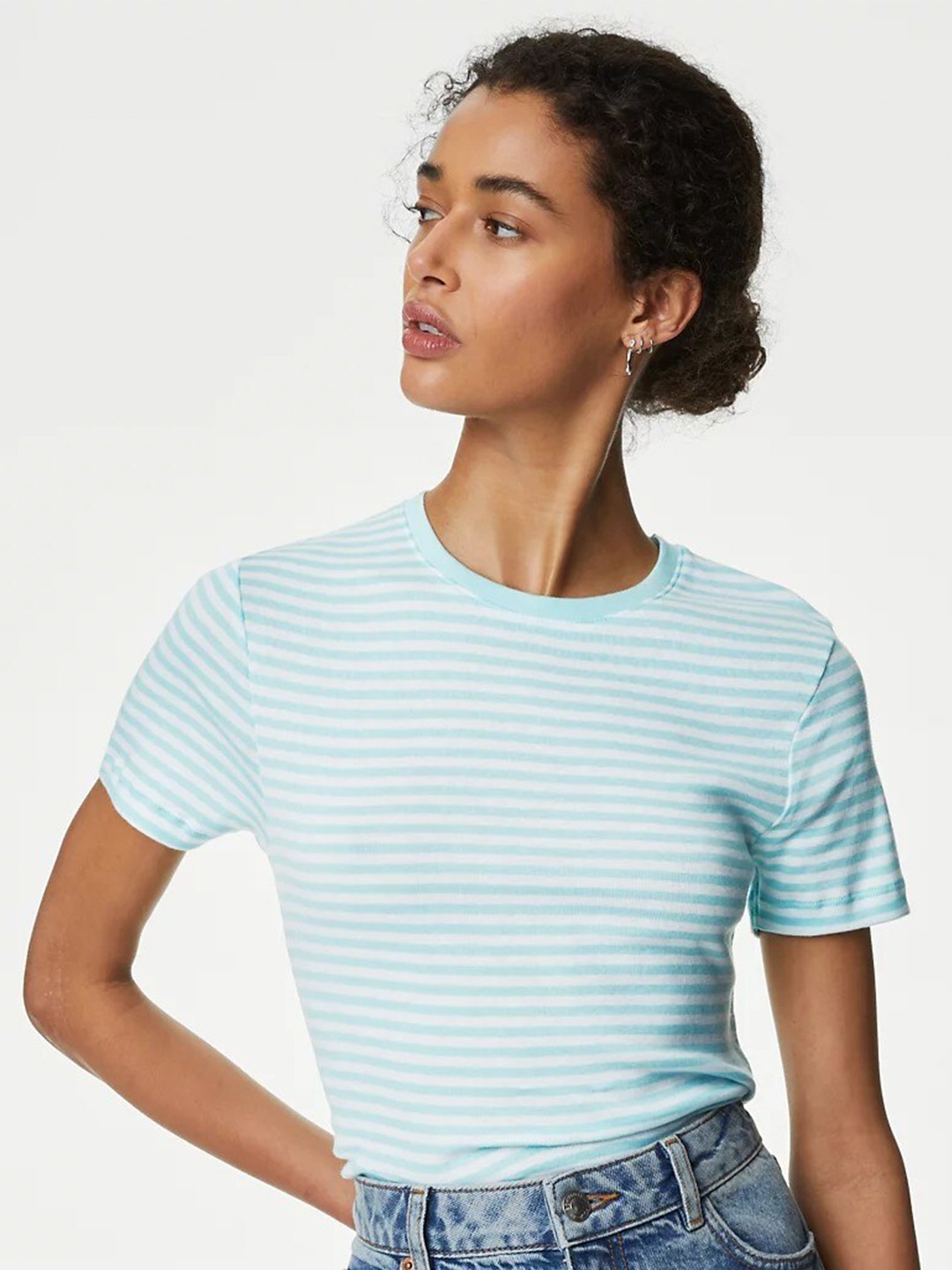 

Marks & Spencer Striped Pure Cotton Slim Fit T-Shirt, Blue