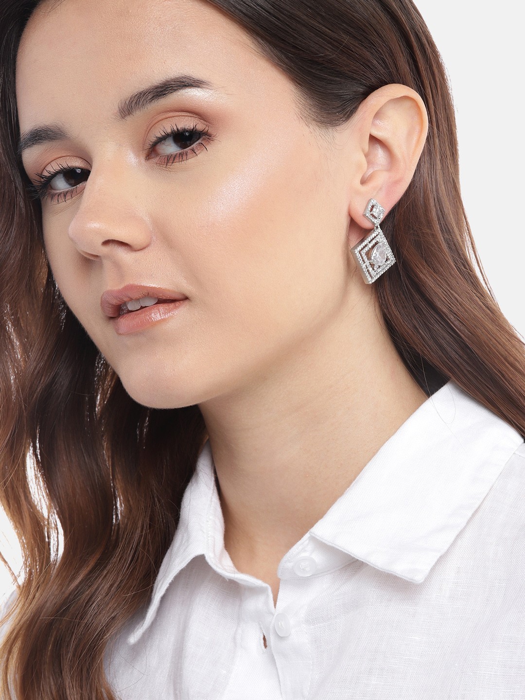 

Anouk Silver-Plated American Diamond Square Drop Earrings