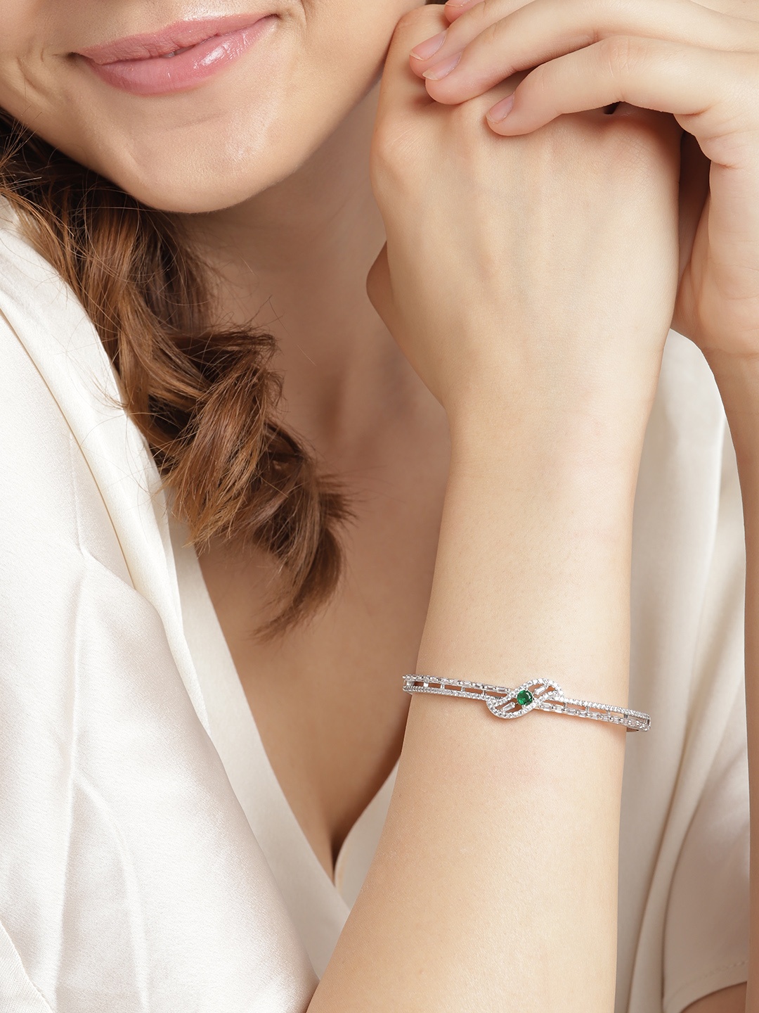 

Anouk Women American Diamond Silver-Plated Bangle-Style Bracelet, Green