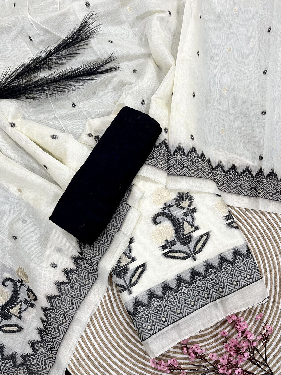 

ZARIMO Ethnic Motifs Woven Design Pure Cotton Unstitched Dress Material, White