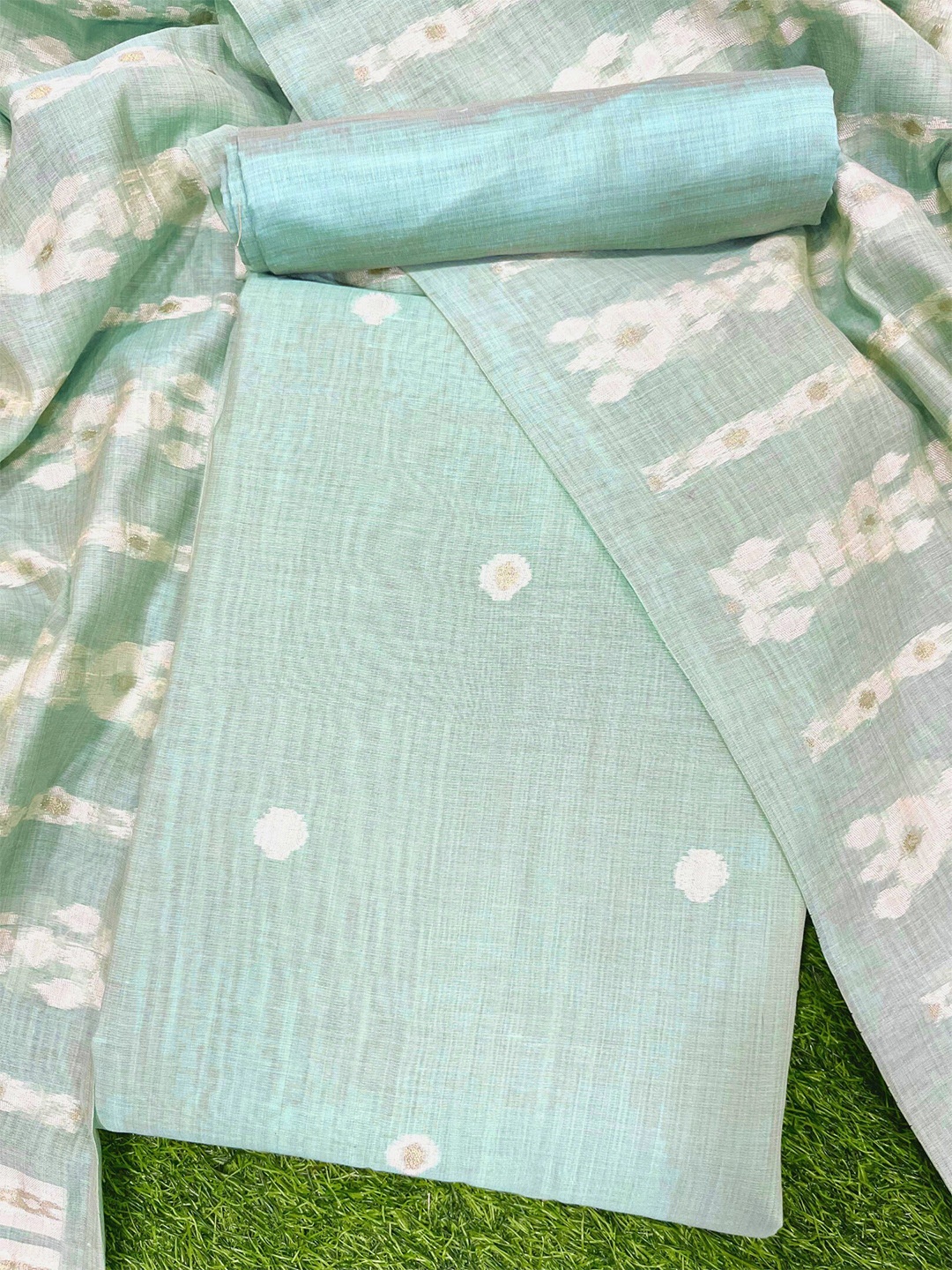 

ZARIMO Polka Dots Pure Cotton Unstitched Dress Material, Sea green