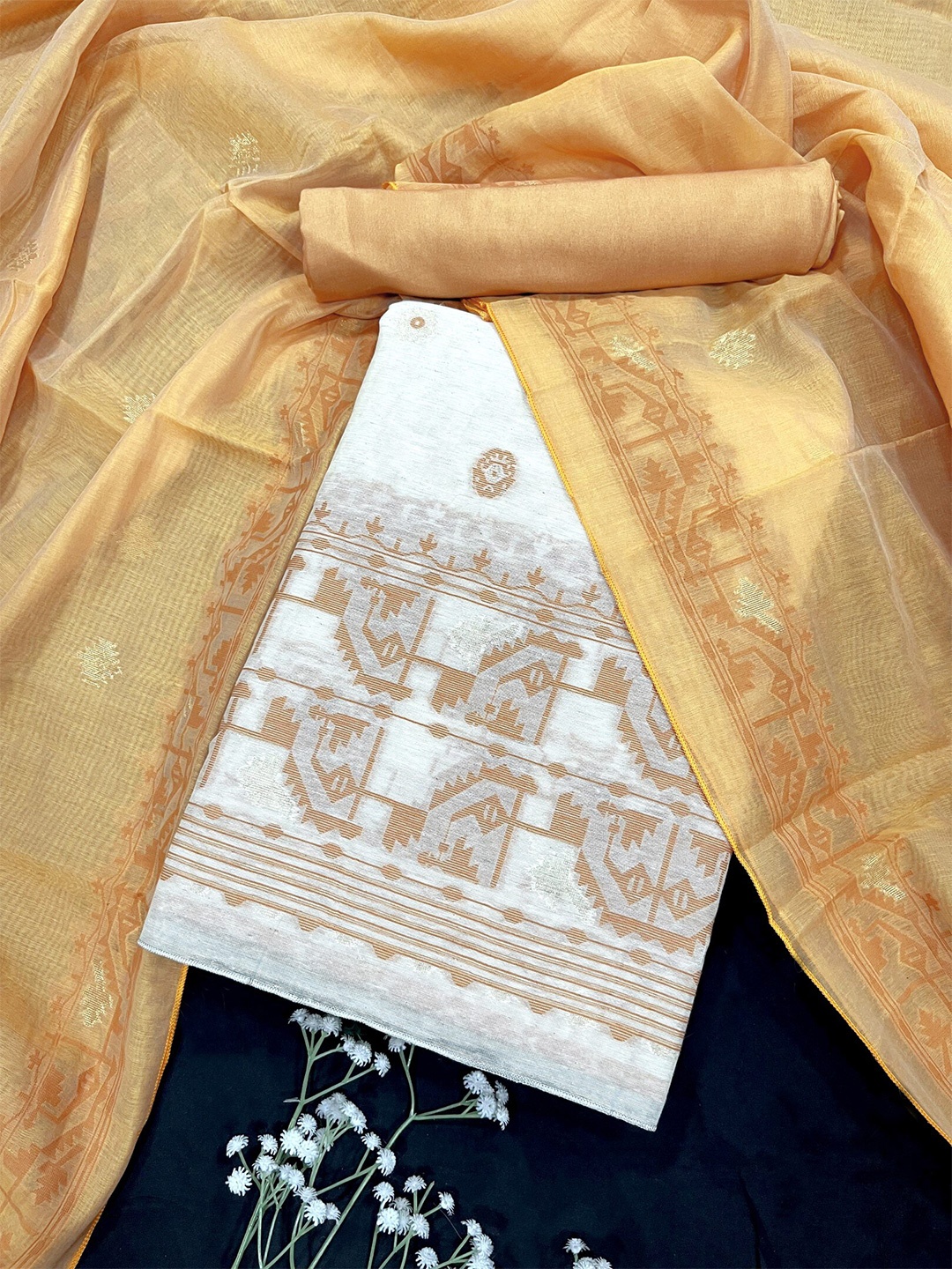 

ZARIMO Ethnic Motifs Woven Design Linen Unstitched Dress Material, Mustard